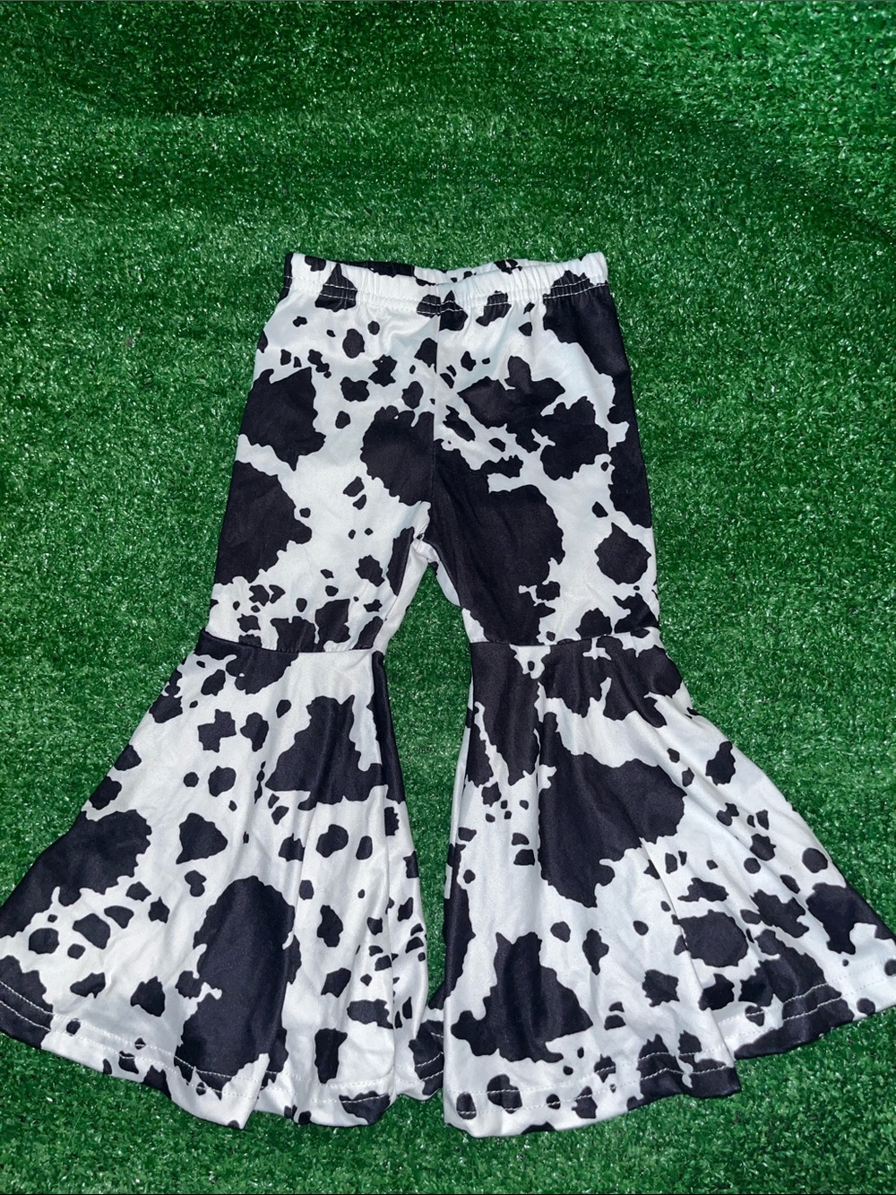 NO BRAND Elastic Waist Bell Bottom Western Cow Print Pants White Black